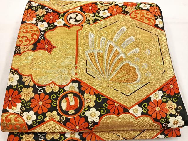 平和屋着物◎六通柄袋帯　唐織　亀甲花蝶文　黒地　金銀糸　正絹　逸品　BAAW1201mz