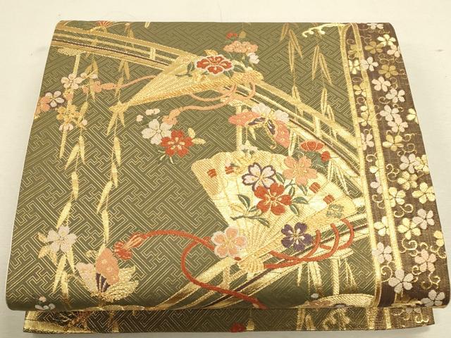 平和屋着物◎六通柄袋帯　渡り橋檜扇花文　金糸　正絹　逸品　CAAU1506ft