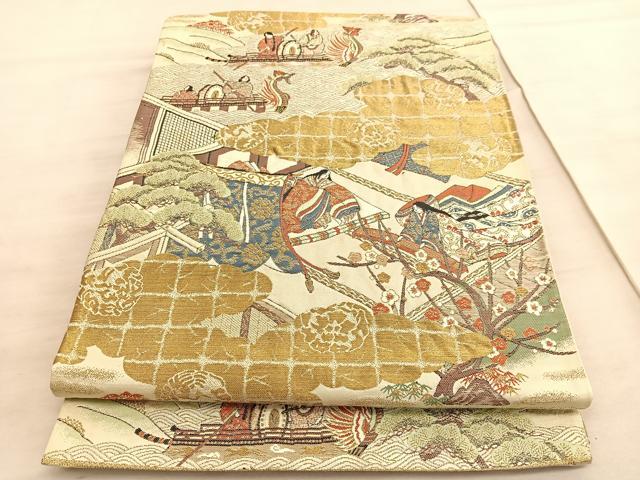 平和屋着物◎六通柄袋帯　平安人物風景文　金糸　正絹　逸品　BAAV5894hv
