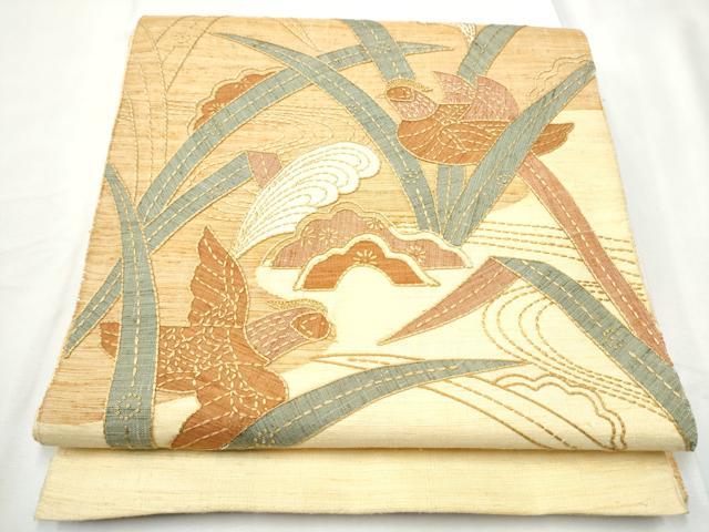 乐天商城 - 平和屋着物●中国三大刺繍　相良刺繍　太鼓柄袋帯　紬地　刺し子　パッチワーク　花蝶文　正絹　逸品　CABF5346hy