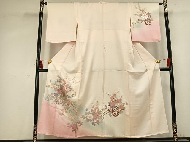 平和屋着物▽訪問着　単衣　片輪車花文　暈し染め　銀彩　正絹　逸品　AABC0577fy