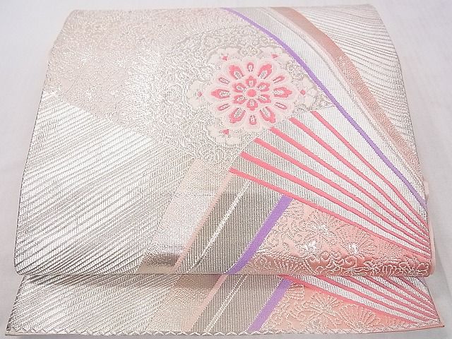 平和屋着物■六通柄袋帯　扇面正倉院花文　銀糸　逸品　DAAA2198mz