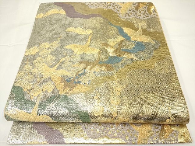 平和屋着物◎六通柄袋帯 　群鶴文　金銀糸　正絹　逸品　AAAK2990Atn