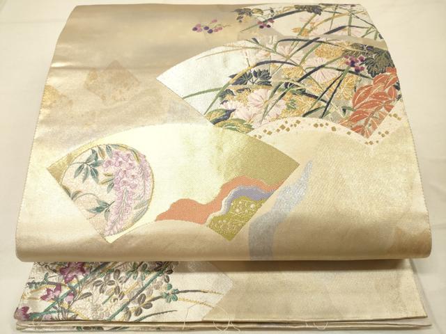 平和屋着物◎六通柄袋帯　唐織　扇麗　地紙草花文　金銀糸　引箔　正絹　逸品　DAAM0512bc