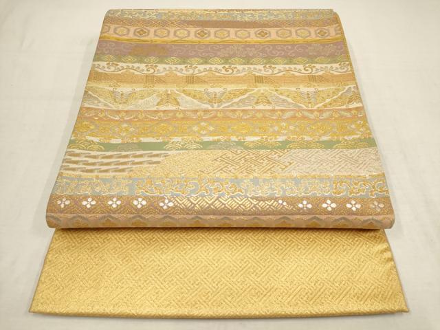 平和屋着物▼太鼓柄袋帯　横段花蝶唐草文　金銀糸　正絹　逸品　AAAT8735wj