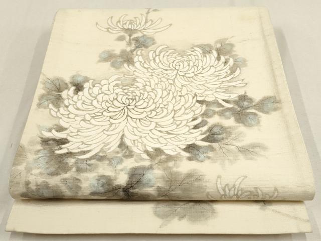 平和屋着物▼太鼓柄袋帯　紬地　作家物　手描き　草花文　正絹　逸品　AABD8247wj