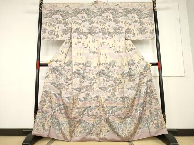 平和屋着物●本場大島紬　染大島　訪問着　人物風景文　金彩　正絹　逸品　AABF1831ck