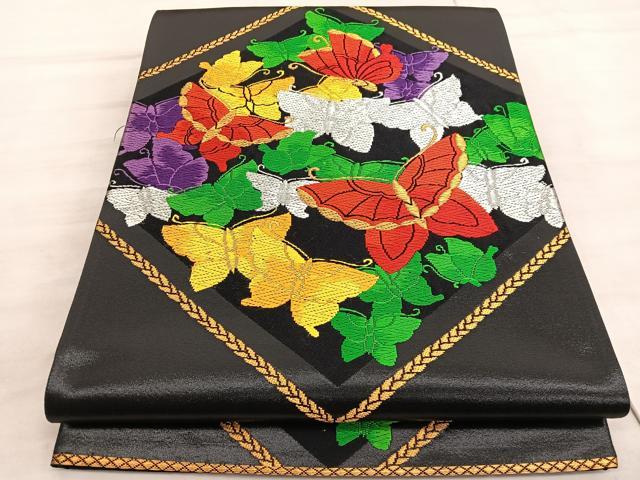 平和屋着物◎西陣　六通柄袋帯　唐織　舞蝶菱文　黒地　金銀糸　正絹　逸品　BAAV5909hv