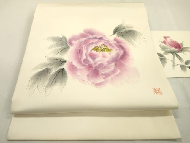 平和屋着物●塩瀬　九寸名古屋帯　作家物　手描き　草花　正絹　逸品　DABD5841fe