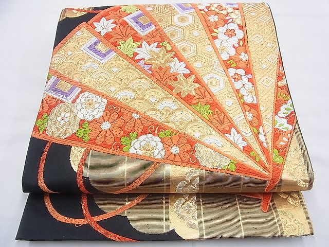 平和屋着物◎六通柄袋帯 唐織 檜扇吉祥文 黒地 金糸 逸品 BAAF9294du
