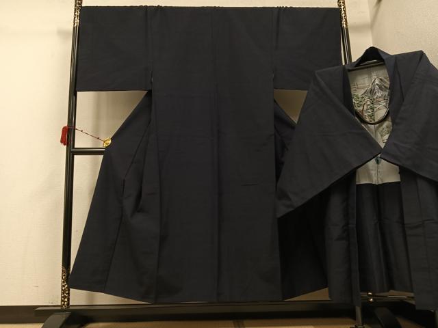 平和屋着物●男性　紬　アンサンブル　色無地　藍鉄色　正絹　逸品　AABI4879ph