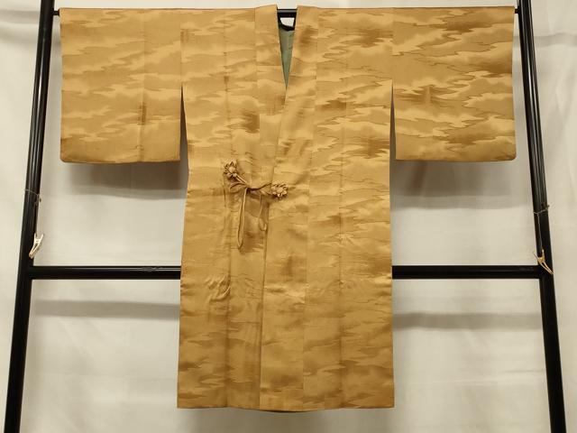 平和屋着物＃道中着　リバーシブル　お茶染め　霞地紋　黄唐茶色　ロング丈　正絹　逸品　CABD7969in