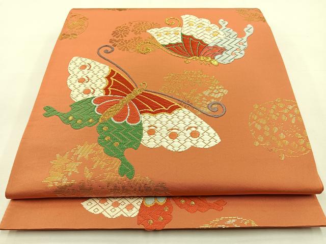 平和屋着物◎六通柄袋帯　唐織　竹屋町刺繍　花蝶文　金糸　正絹　逸品　BAAT9724hj
