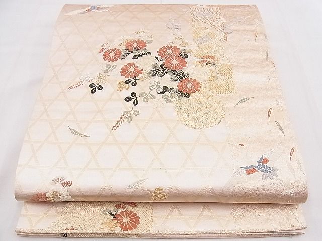 平和屋着物◎六通柄袋帯　唐織　短冊飛鶴花籠文　金銀糸　逸品　BAAE0108hz　