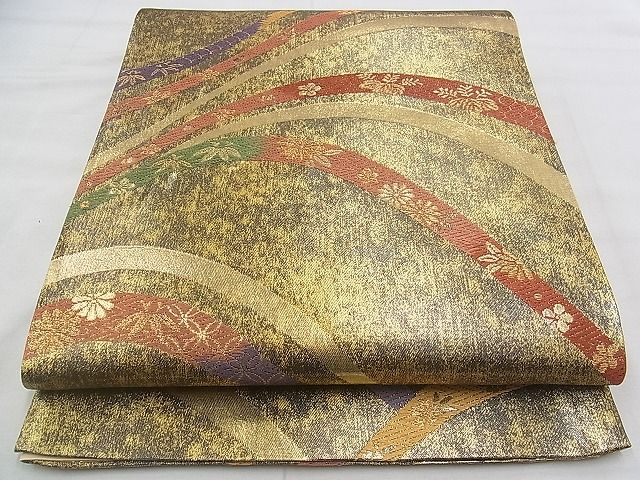 平和屋着物◎六通柄袋帯 唐織 立波草花文 金糸 逸品 BAAJ0611if
