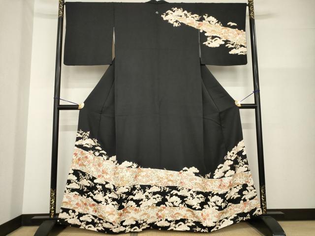 Kimono - 平和屋着物●訪問着　駒刺繍　吉祥松文　黒地　金彩　正絹　逸品　AABG5870ck