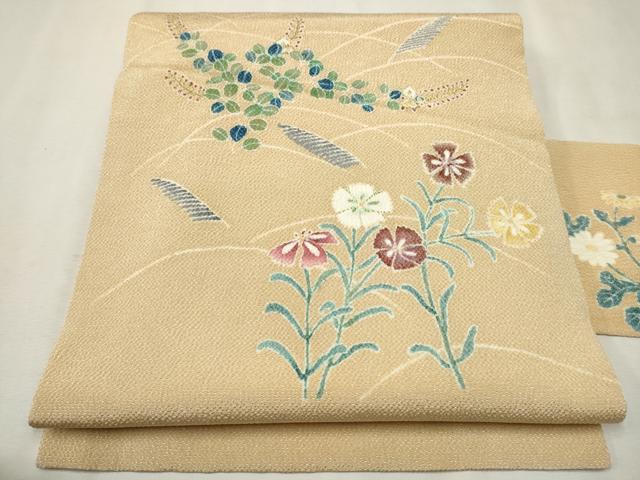 平和屋着物●九寸名古屋帯 草花文 鬼しぼ縮緬 正絹 逸品 CAAR7898hy