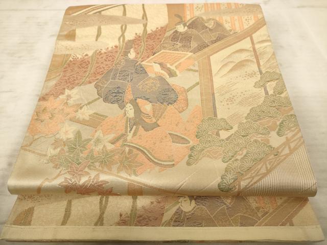 平和屋着物◎六通柄袋帯　人物風景文　金糸　正絹　逸品　AAAX7920dt