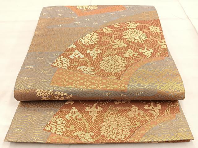 平和屋着物◎六通柄袋帯　地紙草花文　金糸　正絹　逸品　BAAN5166cm