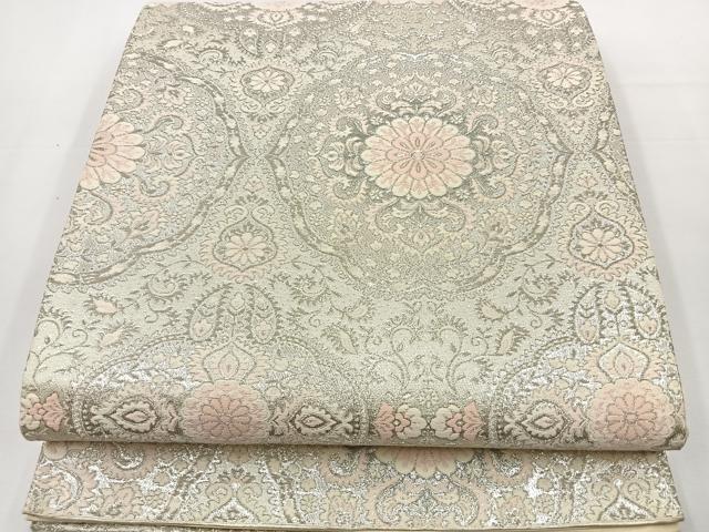 平和屋着物◎六通柄袋帯　唐織　鏡裏花文　銀糸　正絹　逸品　BAAT2759ea
