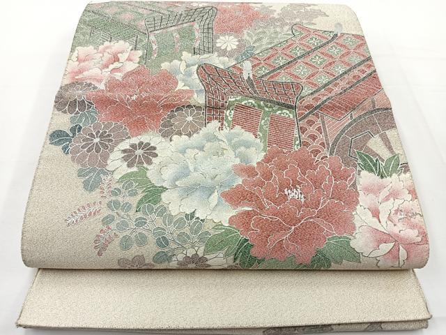 平和屋着物◎太鼓柄袋帯　綴れ　御所車花文　銀彩　正絹　逸品　BAAT6003ea