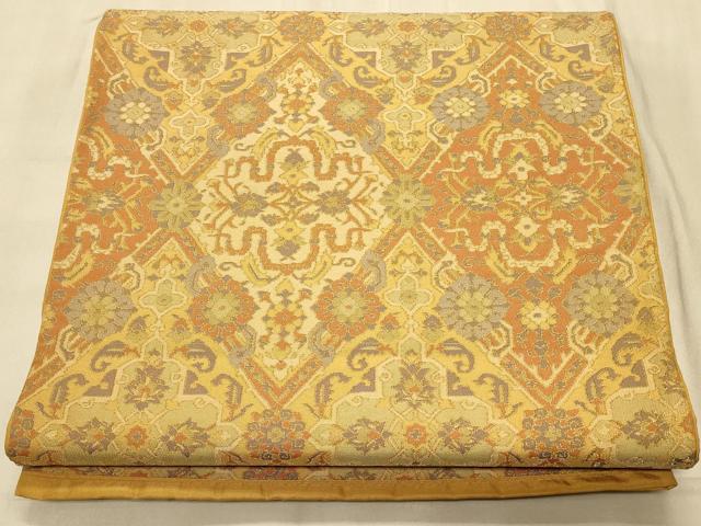 平和屋着物◎六通柄袋帯　幾何学花文　金糸　正絹　逸品　CAAT4879ft