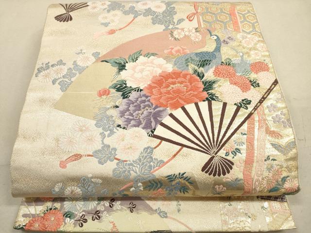 平和屋着物◎六通柄袋帯 唐織 几帳扇孔雀文 金糸 九百錦 正絹 逸品 DABA8049xg