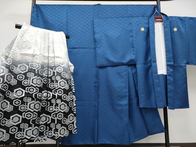 平和屋着物■極上　男性　色無地　紋付き羽織・行灯袴セット　キングサイズ　舞台衣装　花菱地紋　深縹色地　洗える着物　逸品　CYAA3470s5