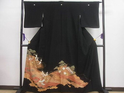 平和屋着物■豪華黒留袖 駒刺繍 地紙御所車風景文 金彩 逸品 CAAD7928ev 平和屋着物■豪華黒留袖 駒刺繍 地紙御所車風景文 金彩 逸品 CAAD7928ev