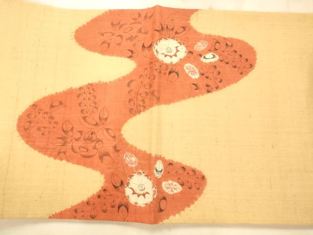 平和屋着物◎太鼓柄袋帯　手描き　紬地　流水草花文　正絹　逸品　AAAO8599fw