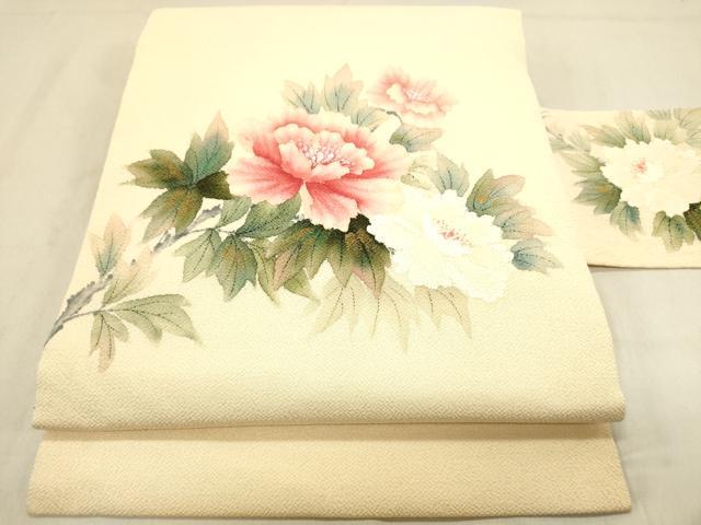 平和屋着物◎九寸名古屋帯 手描き 草花文 金彩 鬼しぼ縮緬 正絹 逸品 DABB9145ya