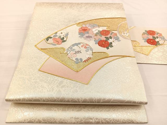 平和屋着物◎九寸名古屋帯　駒刺繍　地紙花文　金糸　正絹　逸品　BAAX0835hv
