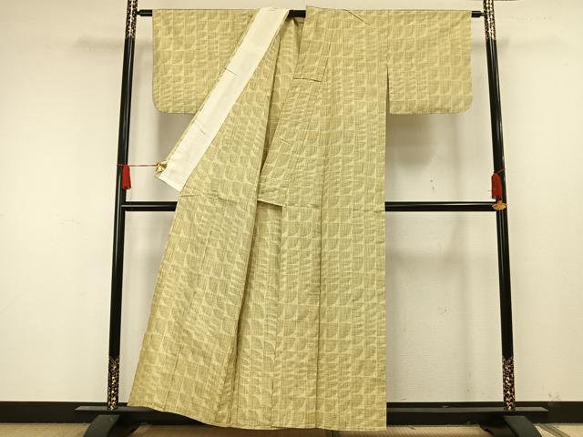 平和屋着物▽上質な紬　単衣　幾何学文様　正絹　逸品　AAAU4058fy