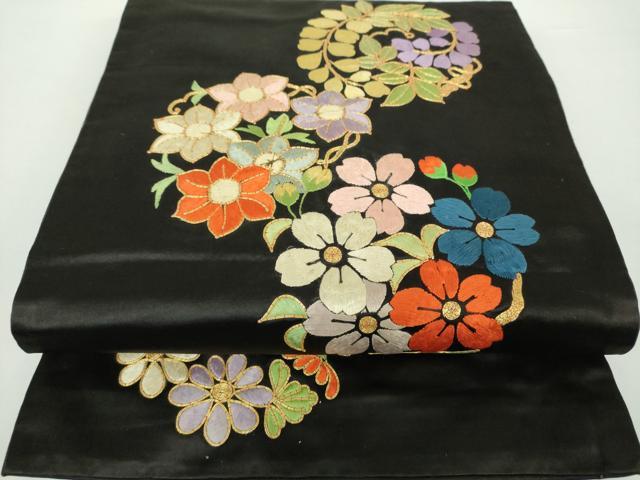 平和屋着物●アンティーク 大正ロマン 六通柄袋帯 駒刺繍 総刺繍 花丸文 黒地 金糸 正絹 逸品 DAAX4537ps