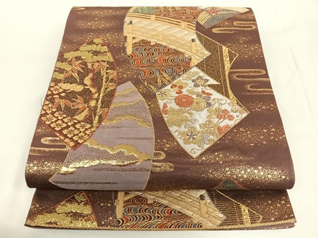 平和屋着物◎六通柄袋帯　地紙渡り橋花文　金糸　正絹　逸品　AAAN7659wt
