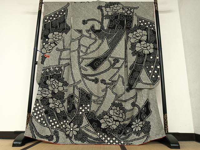 平和屋着物●豪華振袖 絞り 几帳花文 黒地 正絹 逸品 AAAY6567zg