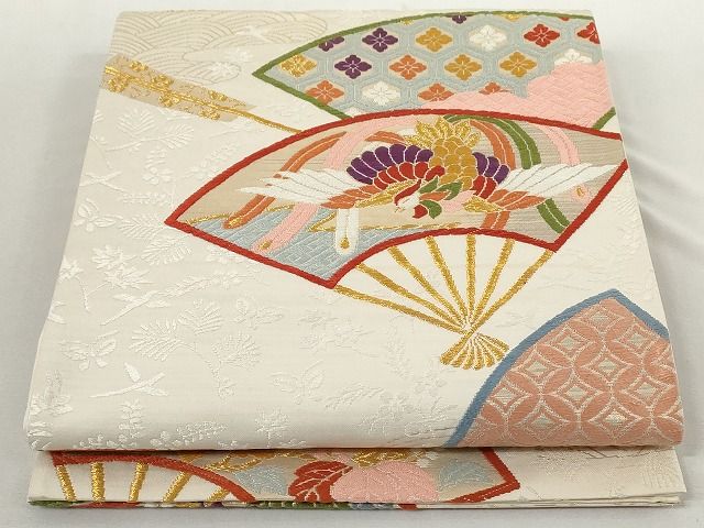 平和屋着物◎六通柄袋帯　唐織　扇面鳳凰花文　金糸　正絹　逸品　AAAL2759Atn