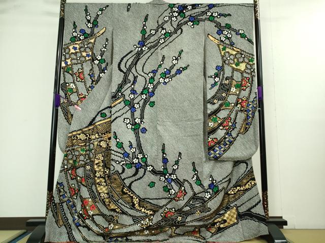 平和屋本店■極上　振袖　絞り　几帳枝花文　黒地　金銀彩　逸品　DZAA9691kh5