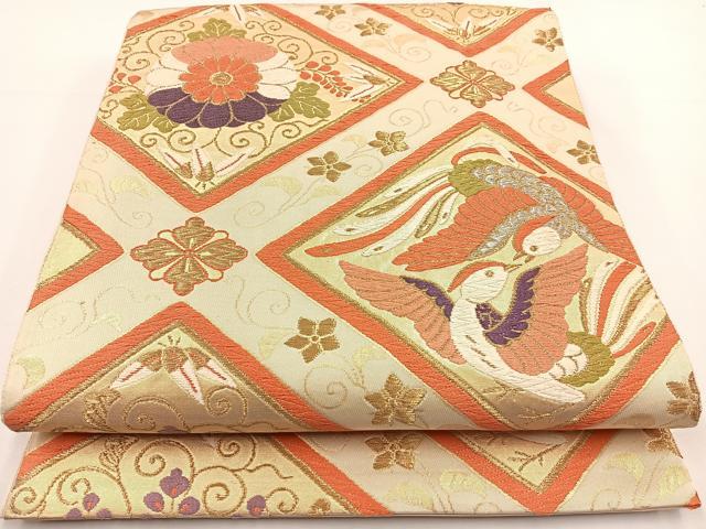 平和屋着物◎六通柄袋帯　花鳥菱文　金糸　正絹　逸品　BAAR9719cm