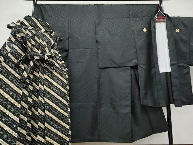 平和屋着物■極上　男性　色無地　紋付き羽織・行灯袴セット　キングサイズ　舞台衣装　花菱地紋　黒地　洗える着物　逸品　CYAA3473s5