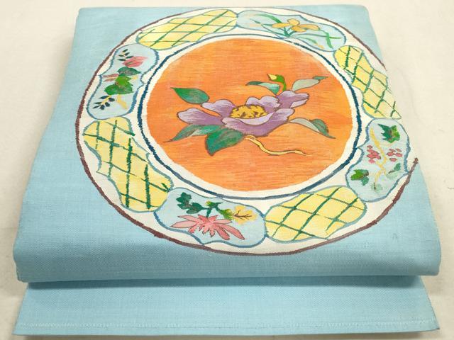 平和屋着物◎太鼓柄袋帯　すくい織　花絵皿文　正絹　逸品　DAAZ1908xg