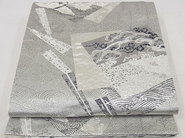 平和屋着物◎六通柄袋帯　色紙重ね扇面花文　銀糸　正絹　逸品　AAAF6916Asg