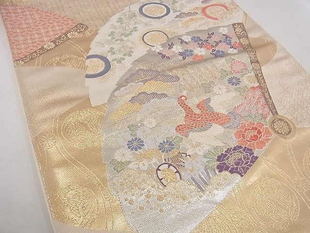 平和屋着物◎六通柄袋帯　唐織　扇面孔雀花文　金銀糸　正絹　逸品　AAAF5661Asg 2