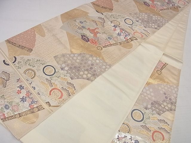 平和屋着物◎六通柄袋帯　唐織　扇面孔雀花文　金銀糸　正絹　逸品　AAAF5661Asg 3