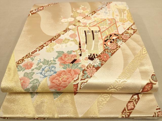 平和屋着物◎六通柄袋帯　駒刺繍　慶長御所絵巻　金糸　正絹　逸品　AAAZ5815dt