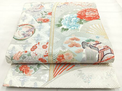 平和屋着物◎六通柄袋帯 唐織 扇花鳥文 プラチナ箔 正絹 逸品 BAAN1131cm 平和屋着物◎六通柄袋帯 唐織 扇花鳥文 プラチナ箔 正絹 逸品 BAAN1131cm