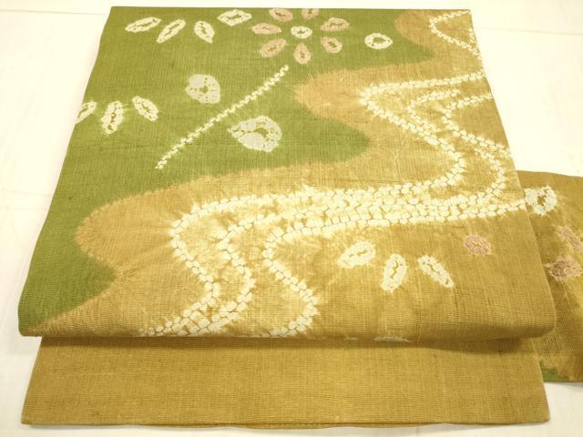 平和屋着物●九寸名古屋帯 紬地 総絞り 流水花文 正絹 逸品 DAAX8822cm