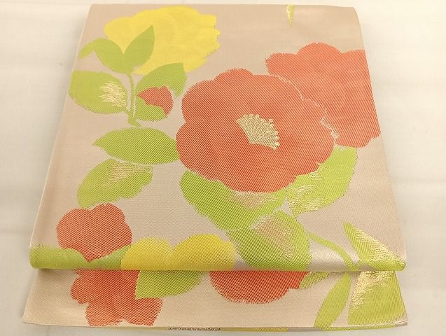 平和屋着物◎六通柄袋帯　刺繍　椿文　金糸　正絹　逸品　AAAI7131Bfw