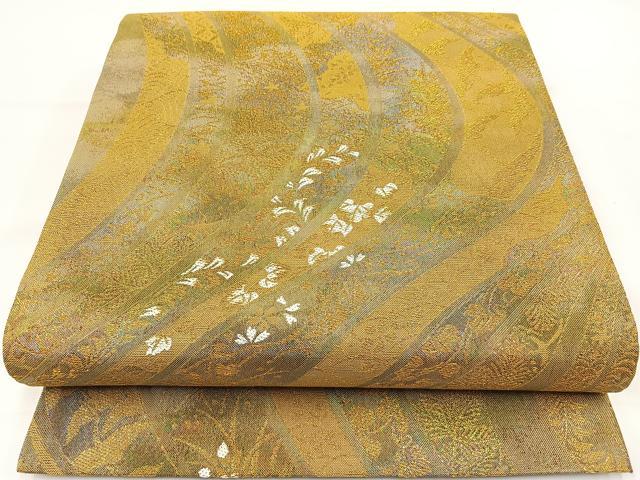 平和屋着物◎六通柄袋帯　流水草花文　金糸　正絹　逸品　未使用　BAAR9720cm