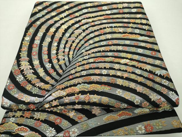 平和屋着物●六通柄袋帯　唐織　吉祥花文　黒地　金銀糸　正絹　逸品　DABA1192ps